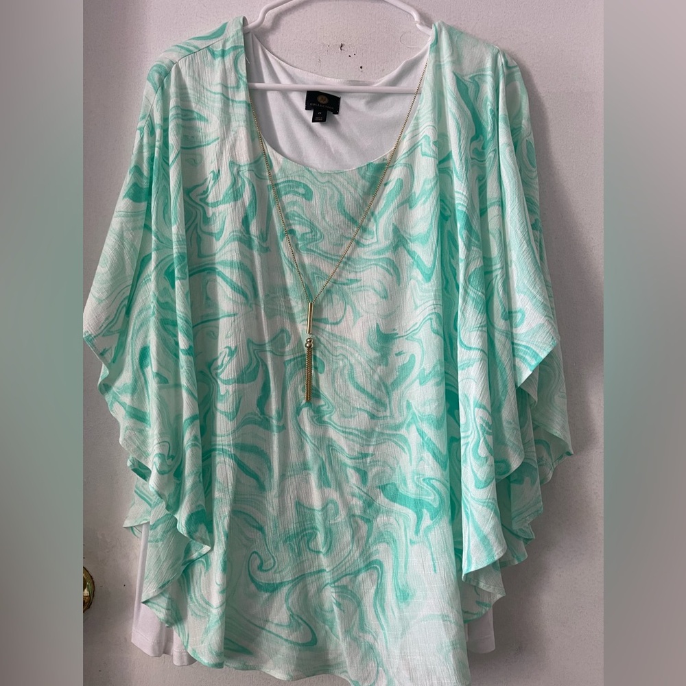 JM Collection Plus Size 2XL Printed Necklace Poncho Top Green Beveled Glass